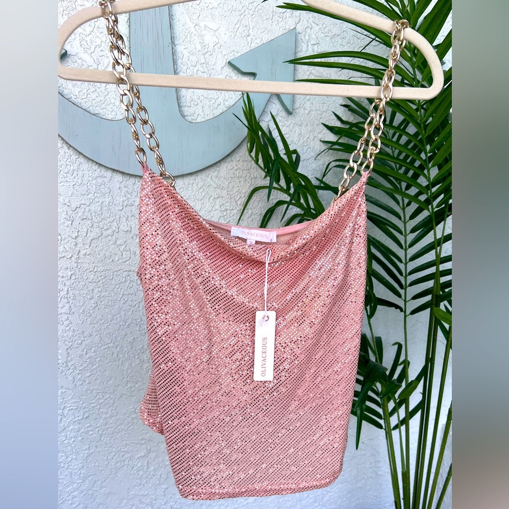 NWT Olivaceous Sequin Crystal Shinning Top with Chain Straps - Size M